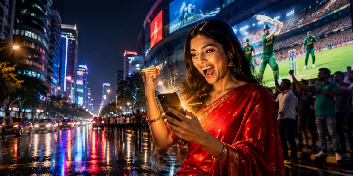 ঢাকায় শাড়ি পরা তরুণী মোবাইলে ক্রিকেট বেটিং উপভোগ করছেন
